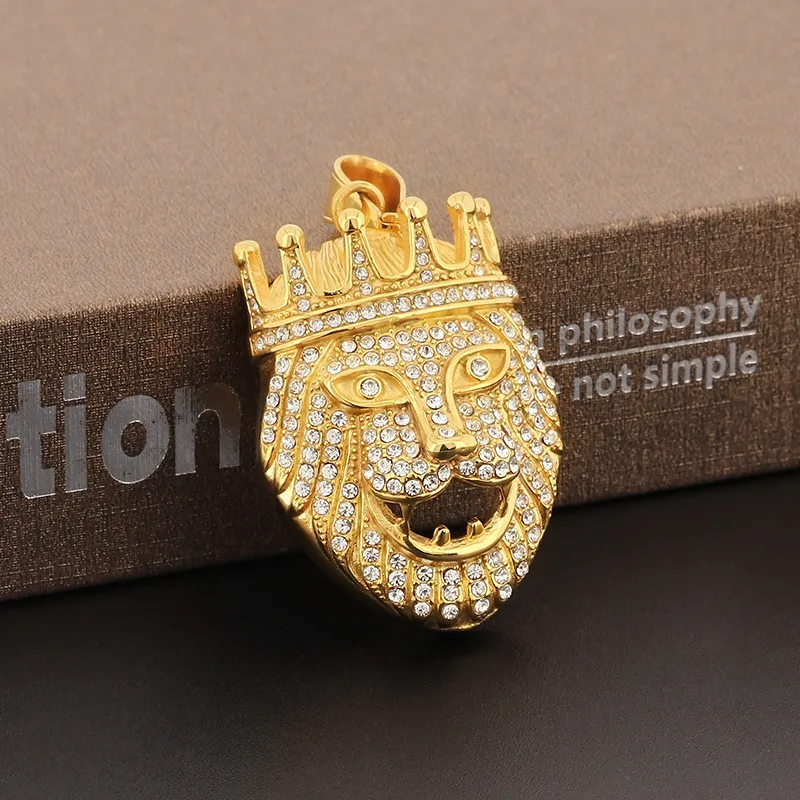 Hip-Hop Full Rhinestones Diamond Crown Lion Head Stainless Steel Men's Pendant