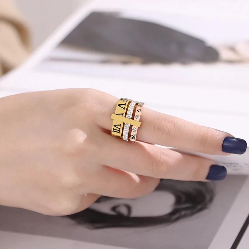 Personality Multi-Ring Square Ring Fashion Diamond-Embedded Roman Numeral Stainless Steel Ring Wholesale