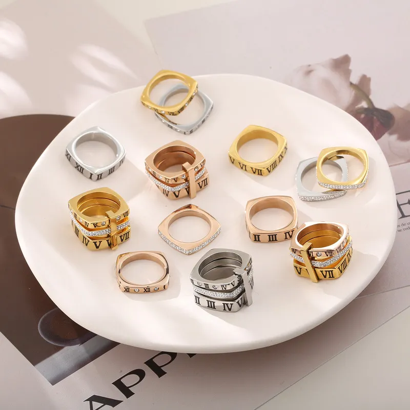 Personality Multi-Ring Square Ring Fashion Diamond-Embedded Roman Numeral Stainless Steel Ring Wholesale