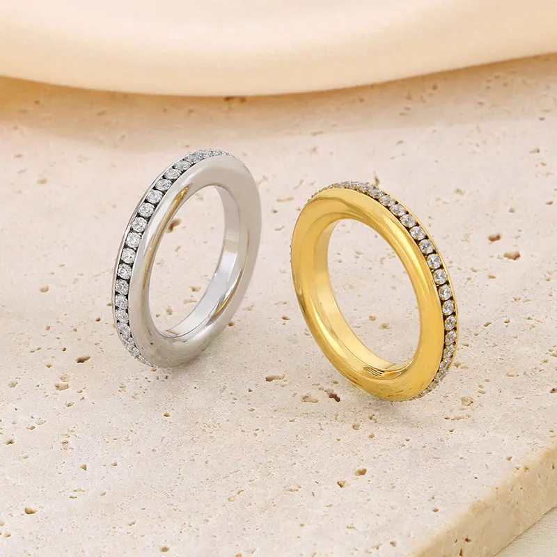 Fashionable and Sweet Single Row Diamond Studded Ring Stainless Steel Multi Style 18K Gold Plated Ring Jewelry Wholesale