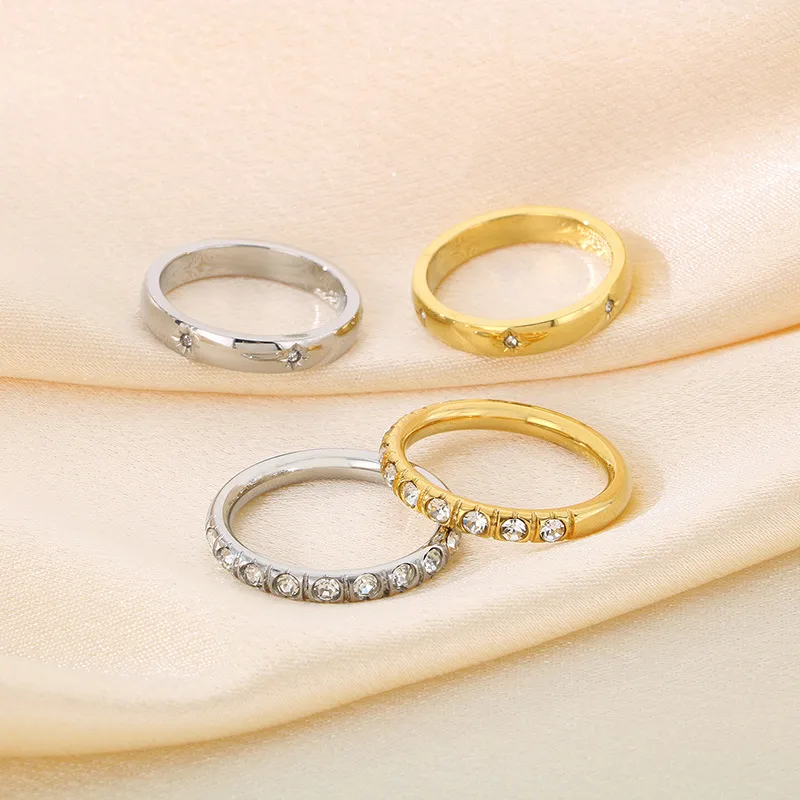Fashionable and Sweet Single Row Diamond Studded Ring Stainless Steel Multi Style 18K Gold Plated Ring Jewelry Wholesale