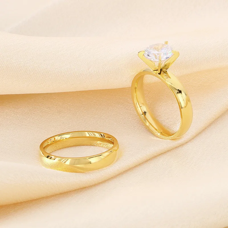 Minimalist Couple Rings 4-Prong Diamond Ring Pair 4mm Polished Stainless Steel Wedding Jewelry