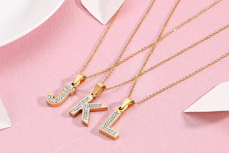 Women's Stainless Steel Full-Diamond 26 English Letters DIY Pendant Diamond-Embedded Collarbone Necklace