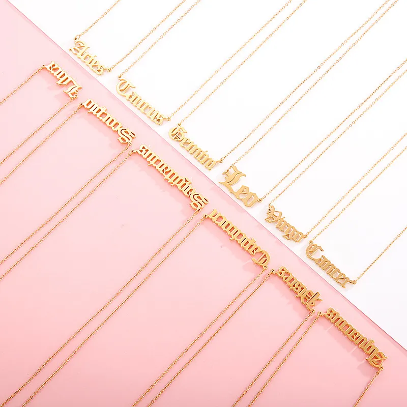 Simple 12 Zodiac Signs English Letter Necklace 18K Gold Personalized Fashion Stainless Steel Necklace Wholesale