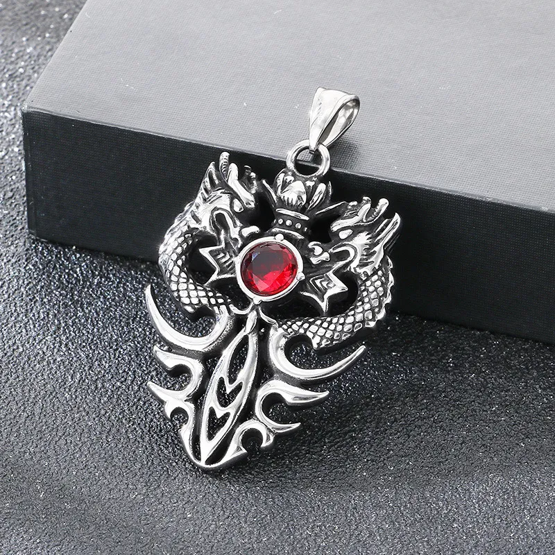 Aggressive Old Born Xiao Long Necklace China-Chic Antique Double Dragons Playing with Beads and Diamond Sword Stainless Steel Men's Pendant