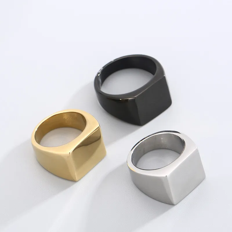 Geometric Surface Rectangular Laser Logo Black Cast Classic Stainless Steel Ring