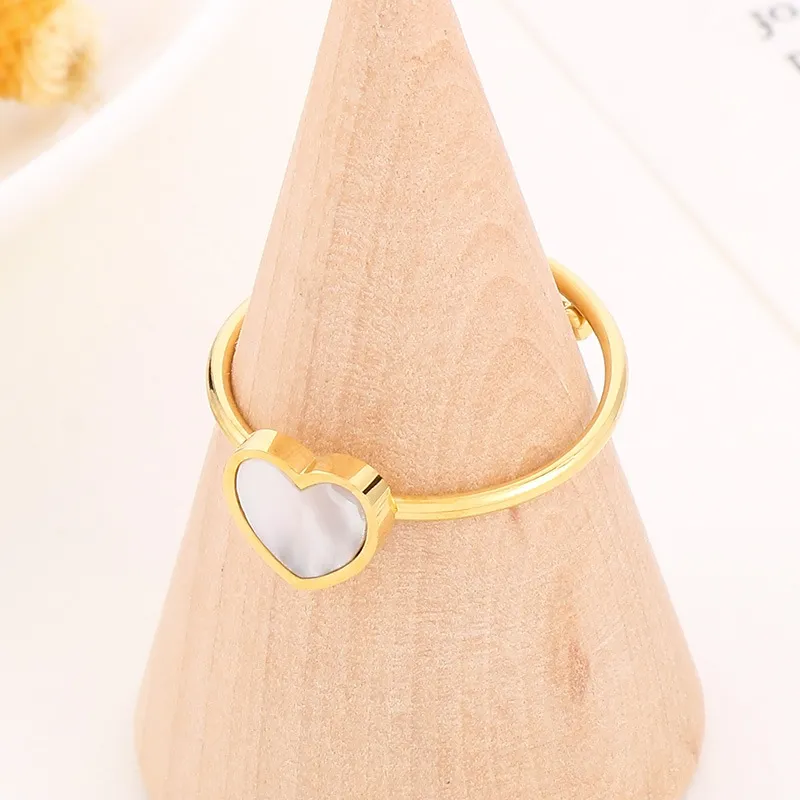 Fashion 18K Gold-Plated Stainless Steel Open Heart Ring Minimalist Adjustable White Shell Rings