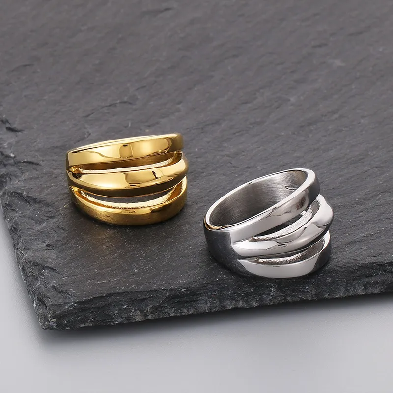Stainless Steel Geometric Lines Personalized Three-Layer Ins Style Men's Atmospheric Ring