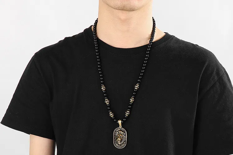 Stainless Steel Lion Head Pendant, Ethnic Style Buddhist Bead Bead Bead, Men's and Women's Long Necklace, Sweater Chain