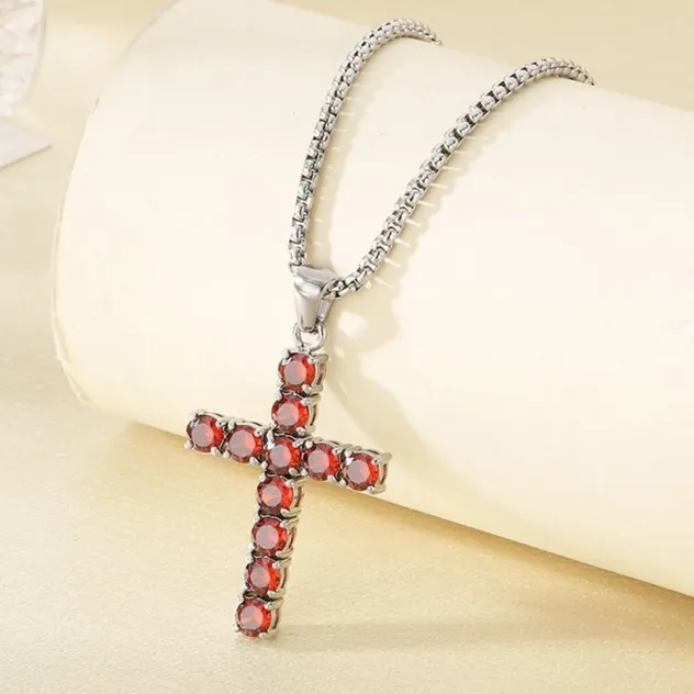 Multi-Colored Diamond-Encrusted Cross Pendant Stainless Steel Tennis Chain Jewelry