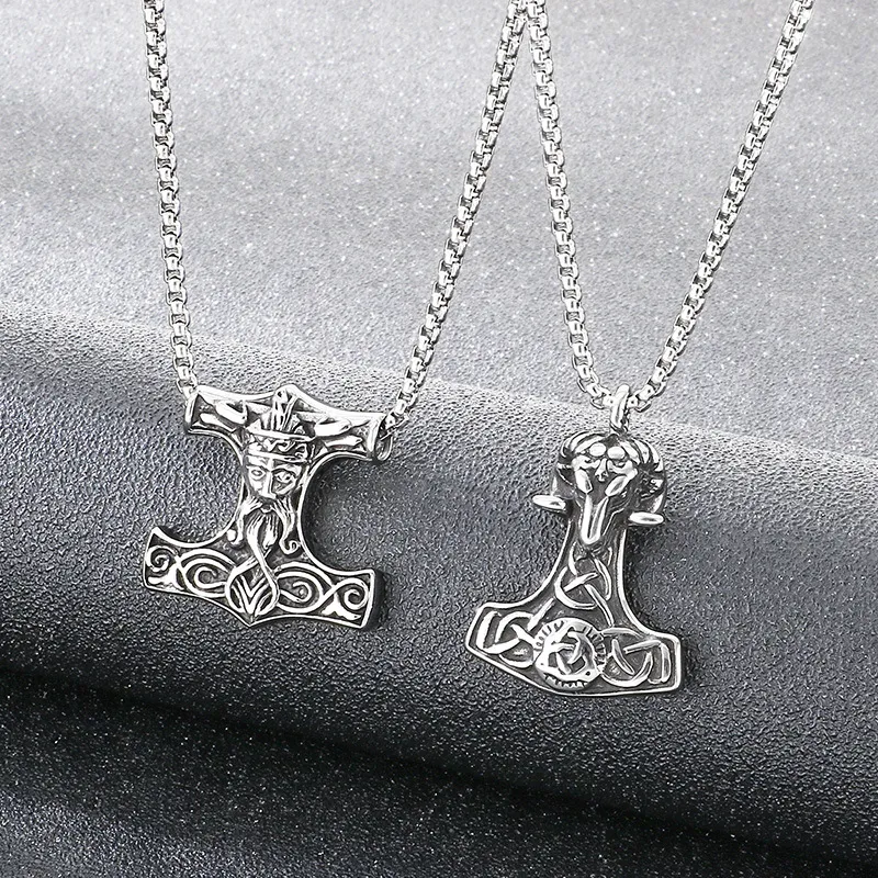 Nordic Viking Thor's Hammer Odin Pendant Retro Personality Celtic Knot Sheep Head Stainless Steel Men's Pendant