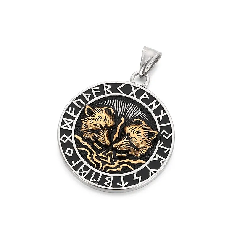 Nordic Viking Mythical Battle Axe Crow Totem Accessory Retro Mighty Double Wolf and Crow Stainless Steel Men's Pendant