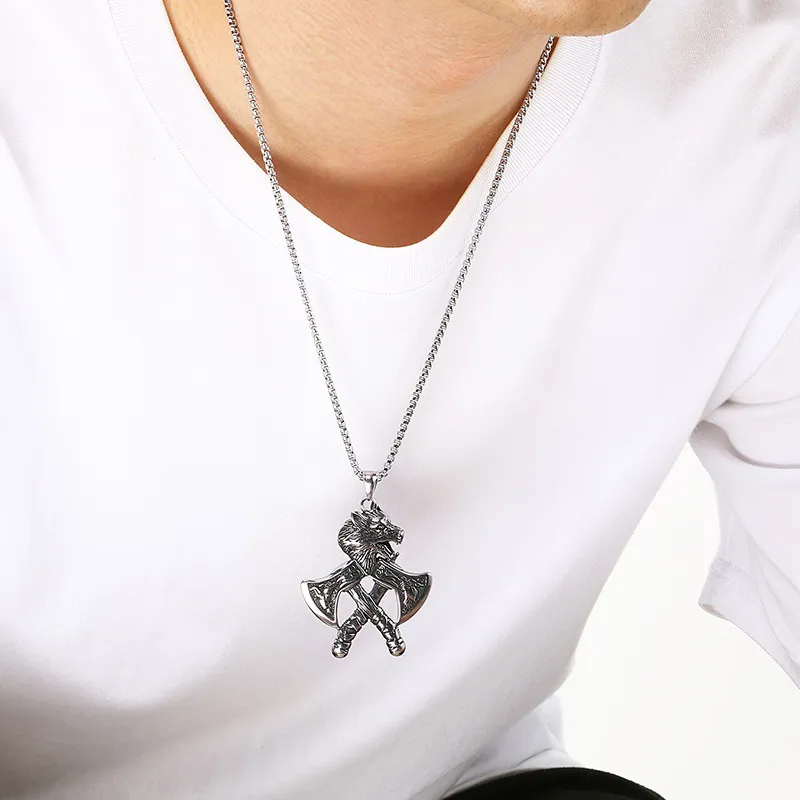 Nordic Viking Wolf Head Battle Axe Pendant Exaggerated and Powerful Retro Celtic Knot Battle Hammer Stainless Steel Men's Accessory