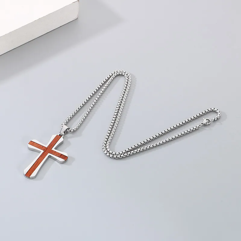 Fashion Personalized Stainless Steel Inlaid Red Pear Solid Wood Cross Pendant