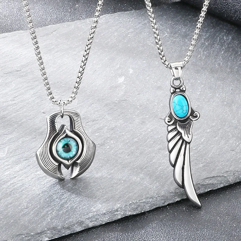 Trendy Axe Devil's Eye Pendant, Ethnic Style Retro Blue Turquoise Feather Pendant, Stainless Steel Men's Accessory