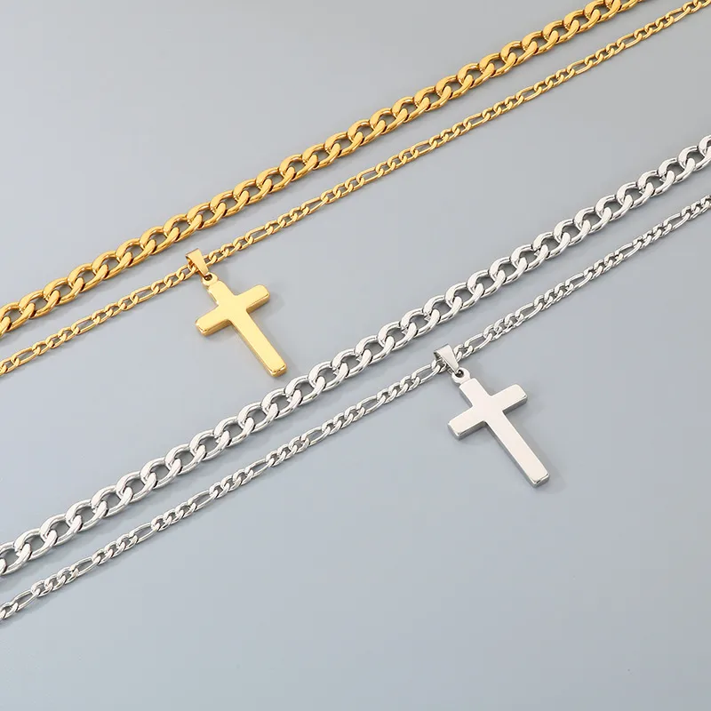 Retro, Simple, Engraved Cross Necklace, Trendy and Fashionable Nk Chain Double-Layer Stacked Stainless Steel Men's Pendant Necklace
