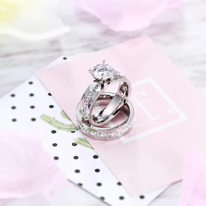 Trendy Stainless Steel Couple Rings with Single Diamond