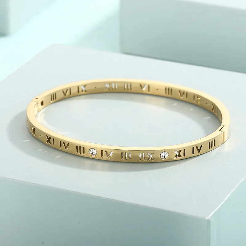Luxurious Diamond-Encrusted Roman Numeral Stainless Steel Bracelet and Couple Rings