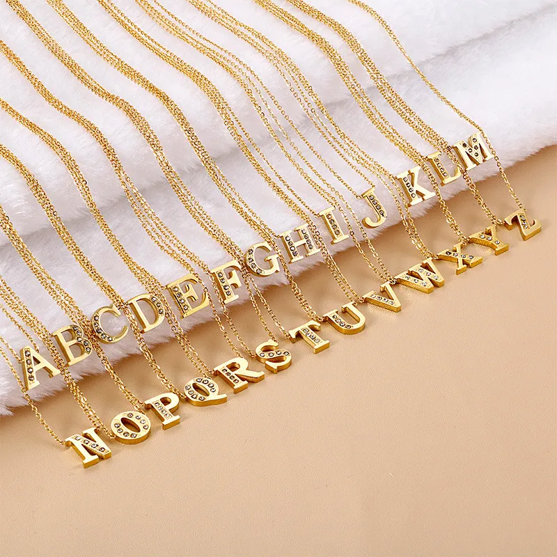 Stainless Steel 18K Gold-Plated Creative Diamond Studded 26 Uppercase English Letters Fashionable Collarbone Necklace