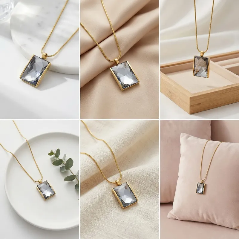 Personalized Square Multi-Color Glass Pendant Necklace Snake Bone Chain 18K Gold-Plated Stainless Steel Necklace Wholesale