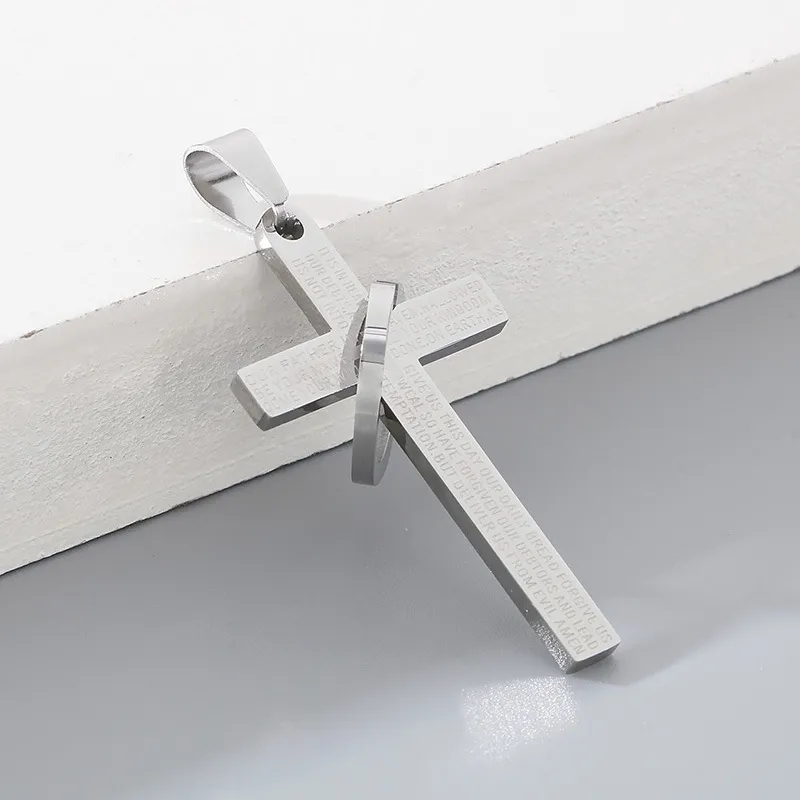 Stainless Steel Jewelry Cross Scripture Pendant Necklace for Both Men and Women