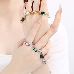 Stainless Steel Square Inlaid Glass Ring, European and American Retro Color Ring Jewelry