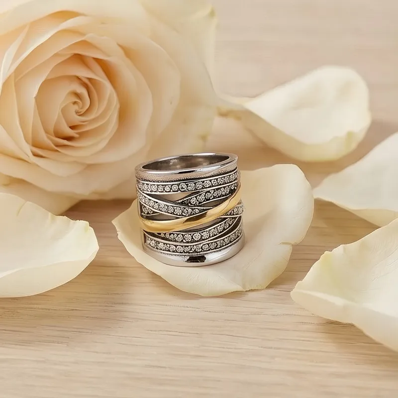 Fashion Entwined Multi-Band Shiny Zircon Ring Stainless Steel Vintage Oversized Wide Ring