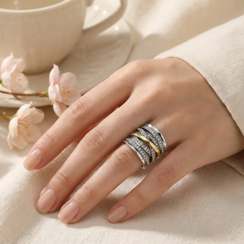 Fashion Entwined Multi-Band Shiny Zircon Ring Stainless Steel Vintage Oversized Wide Ring