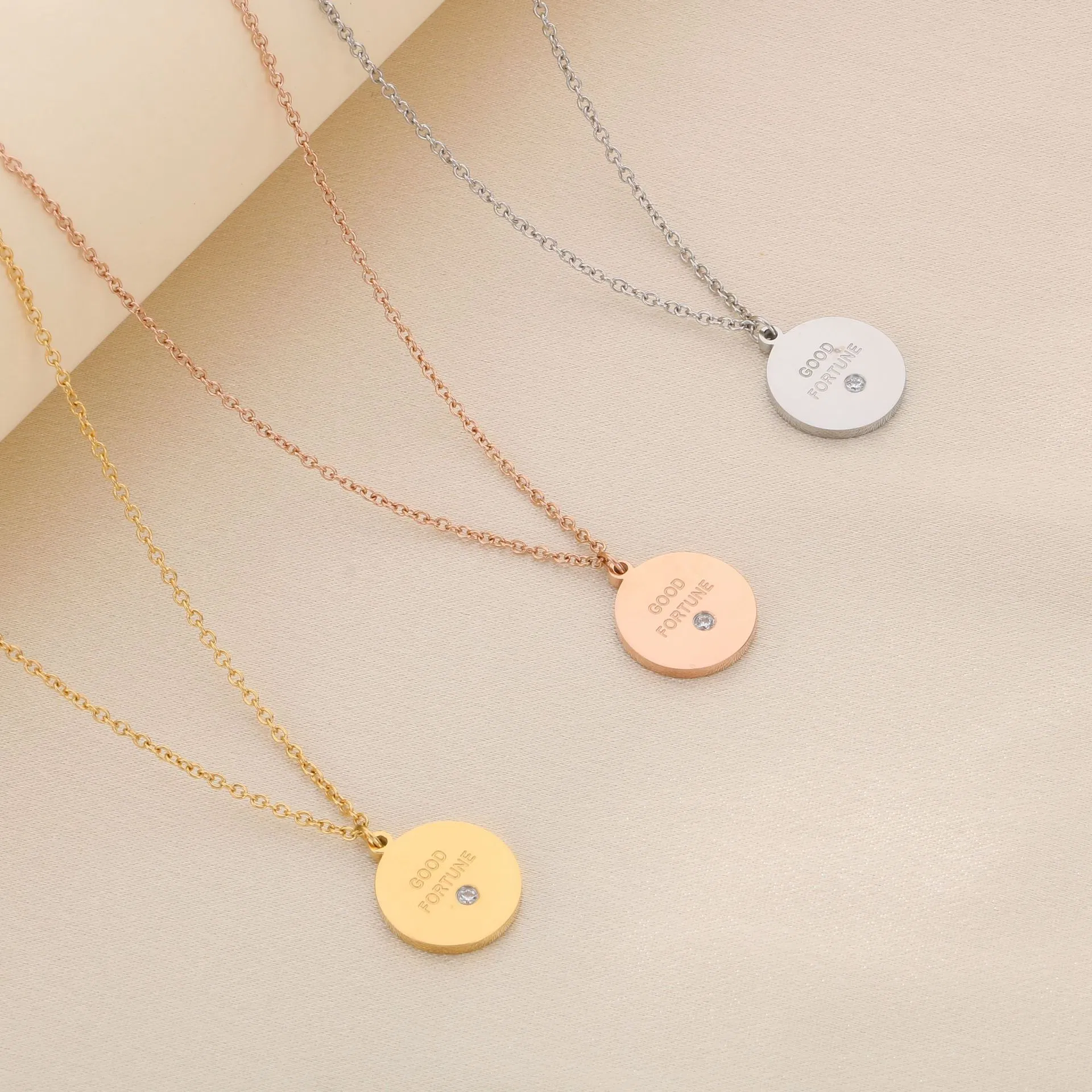 Simple Stainless Steel Circular Heart, Good Luck and Fortune Logo with Diamond Studded Pendant Necklace
