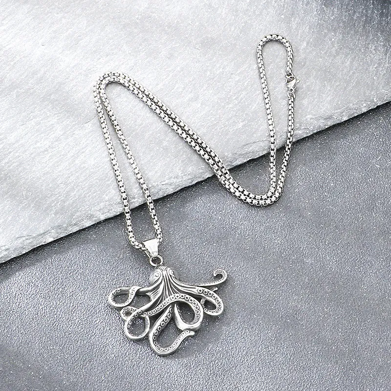 Popular Marine Creature Octopus Pendant with Punk Style, Aged, Blackened, Hollowed out Fishbone Stainless Steel Men's Pendant