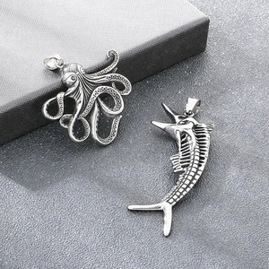 Popular Marine Creature Octopus Pendant with Punk Style, Aged, Blackened, Hollowed out Fishbone Stainless Steel Men's Pendant