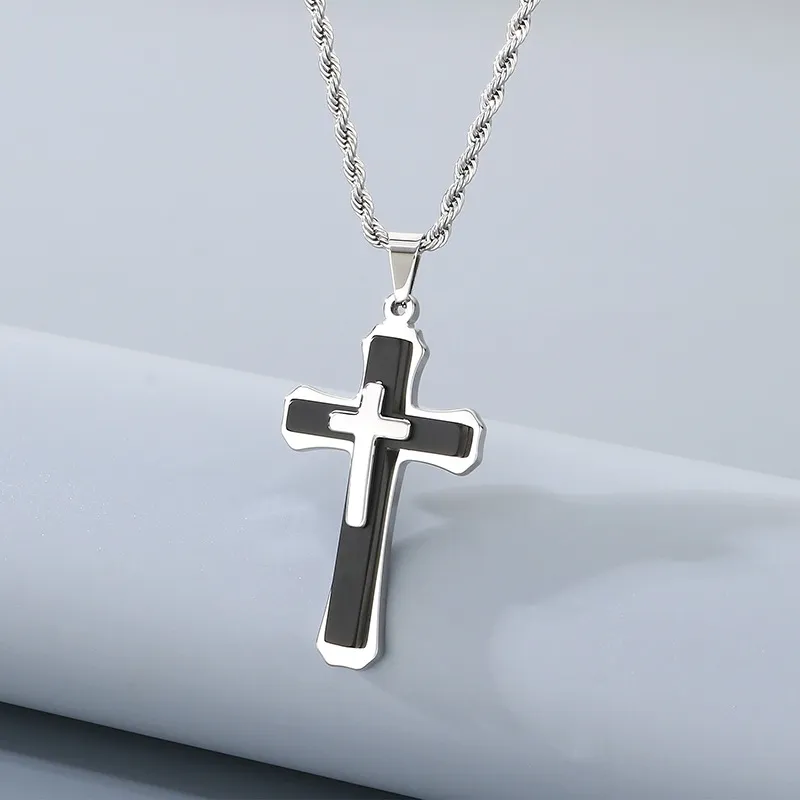 Men's Trendy Stainless Steel Three-Layer Three-Dimensional Cross Pendant Accessory Jewelry Wholesale