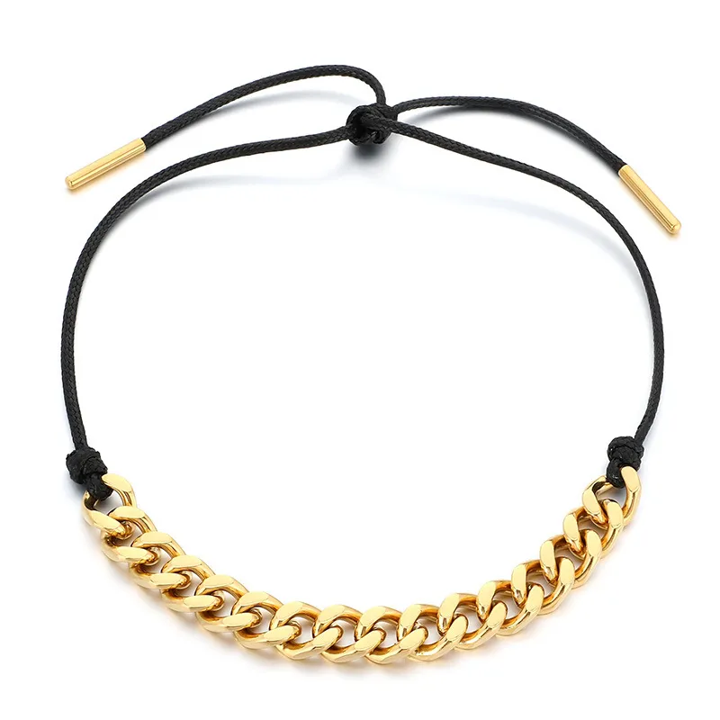 Vintage Western Cowboy Style Black Wax Rope Splicing Cuban Chain Long Adjustable Stainless Steel Men's Pendant Necklace