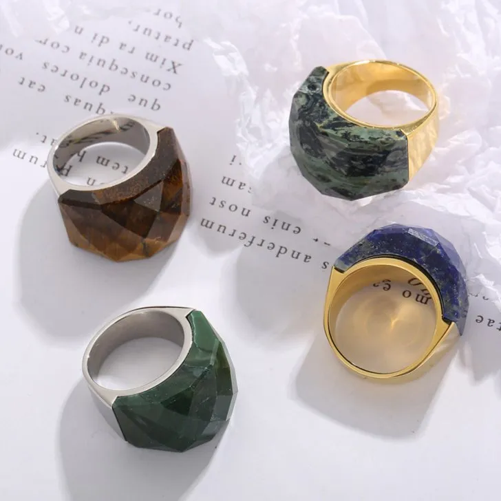 18K Gold Plated Women's Colorful Natural Stone Statement Ring
