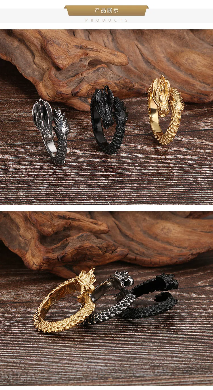 Vintage Ethnic Dragon Jewelry Wholesale: Stainless Steel Imposing Dragon Head Ring, European and American Men's Open-End Finger Ring