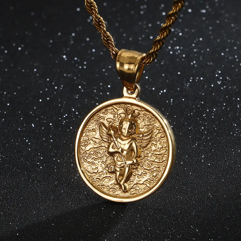 Korean-Style Fashionable Little Angel Ring Pendant, Versatile Stainless Steel Necklace for Both Men and Women, Available for Drop Shipping