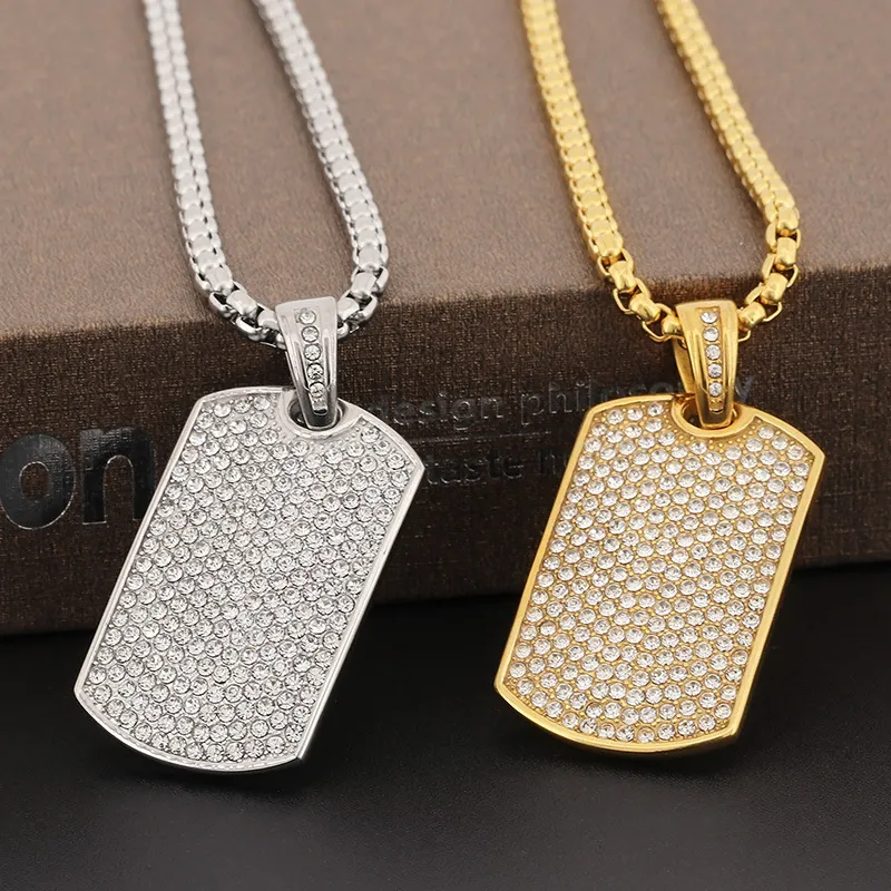 Personalized Trendy Straight-Cut Square Pendant, European and American Rock and Hip-Hop Fashion, Studded with Rhinestones, Stainless Steel Men's Necklace