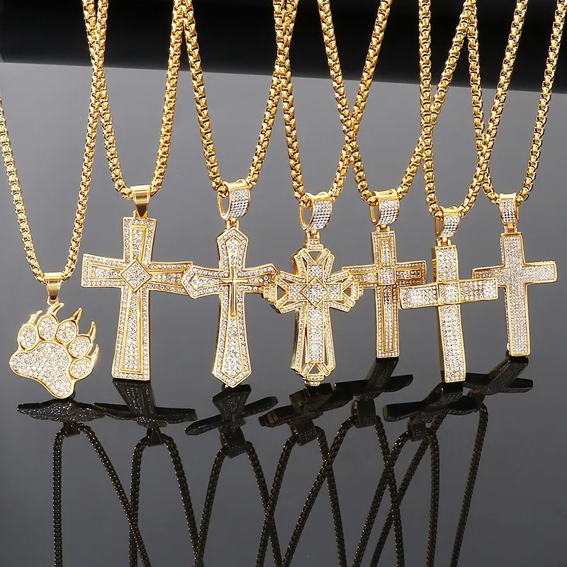 Personalized Bear Paw Pendant Hip Hop 3D Double Layer Cross with Diamond Pendant Stainless Steel Male and Female Accessories