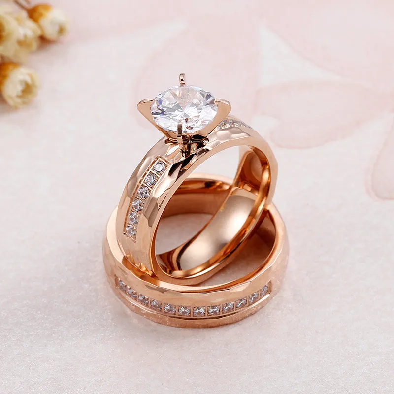 Couple's Micro-Pave Diamond Hammered Texture Zircon Wedding Stainless Steel Ring Wholesale Jewelry