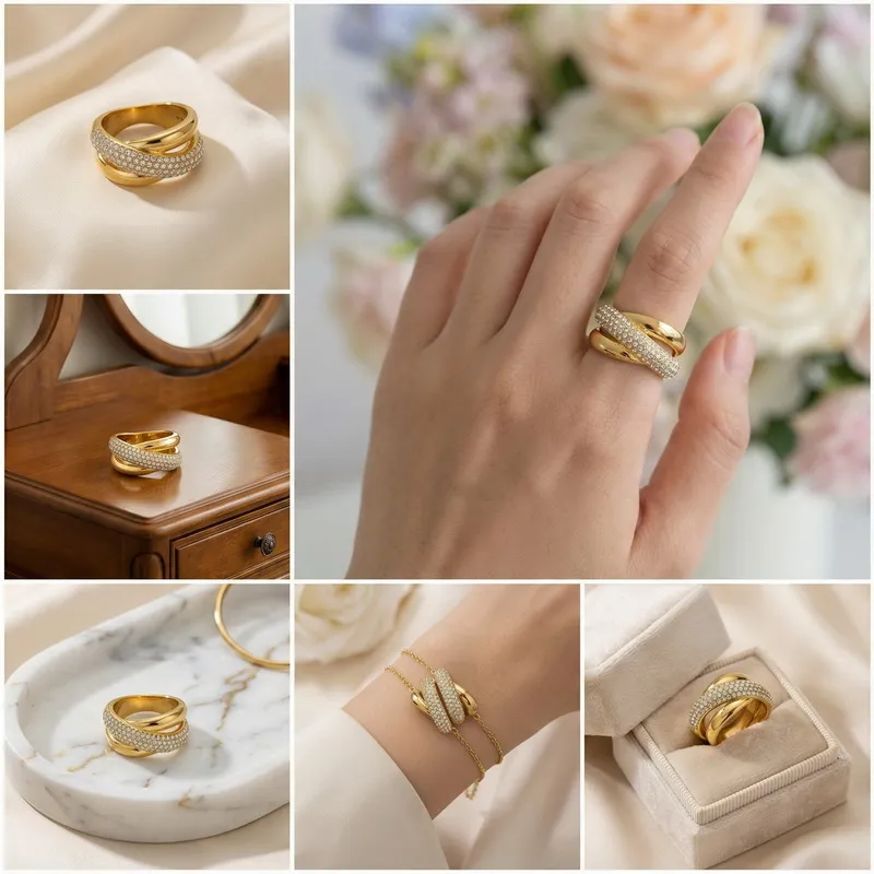 Personalized Oversized Stainless Steel Ring Irregular Double Row Diamond Geometric Rings Wholesale