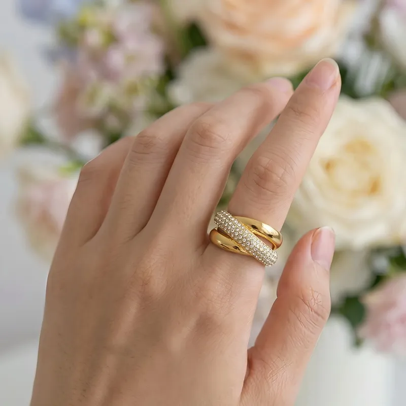 Personalized Oversized Stainless Steel Ring Irregular Double Row Diamond Geometric Rings Wholesale
