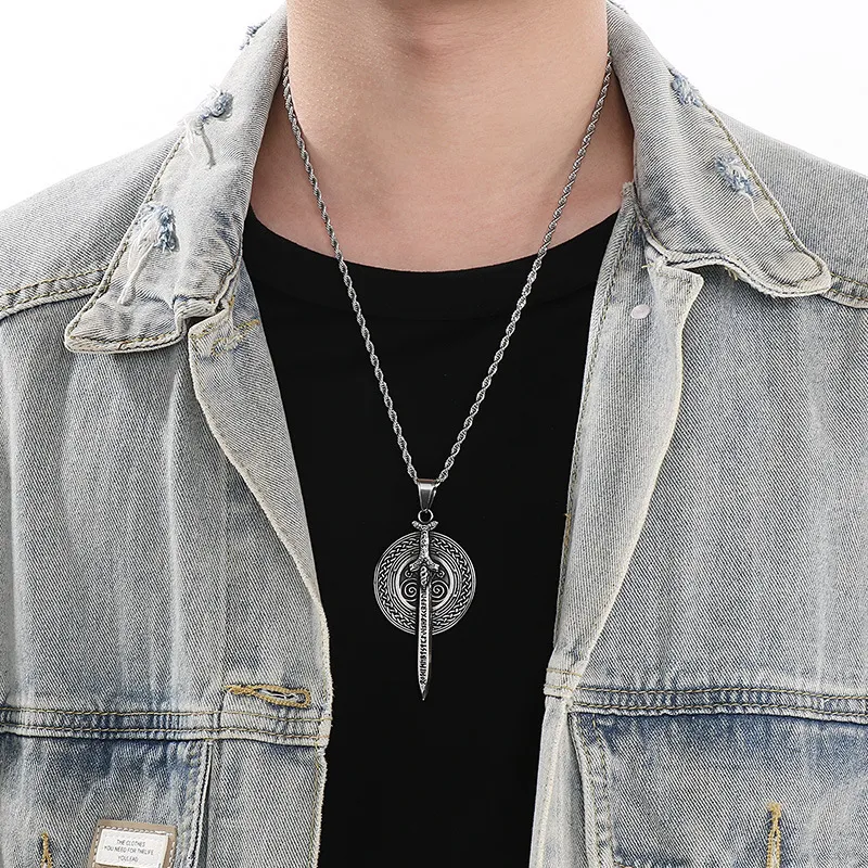 Vintage Nordic Celtic Jewelry Viking Warrior Sword Shield Stainless Steel Men's Pendant