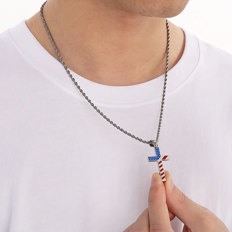 American Red Blue White Star Spangled Stainless Steel Cross Pendant Men's and Women's Jewelry