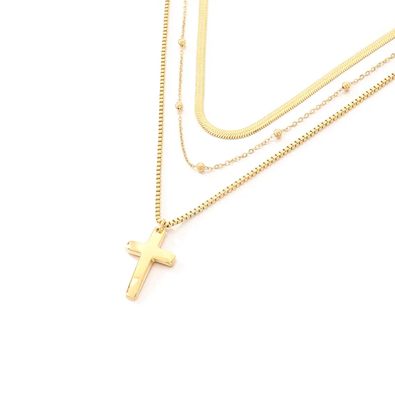 European and American Flat Snake Chain Multi-Layer Chain Necklace Retro Stainless Steel Box Chain Cross Pendant Men's and Women's Necklace