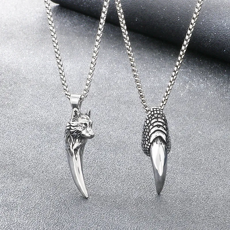Trendy Retro Wolf Tooth Pendant, Personalized and Domineering, Blackened Eagle Claw Stainless Steel Men's Pendant