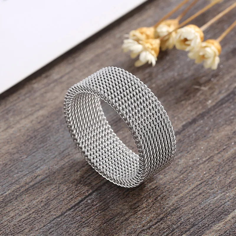 Stainless Steel Woven Mesh Ring Minimalist Watchband-Style Band Ring Men Women Wholesale