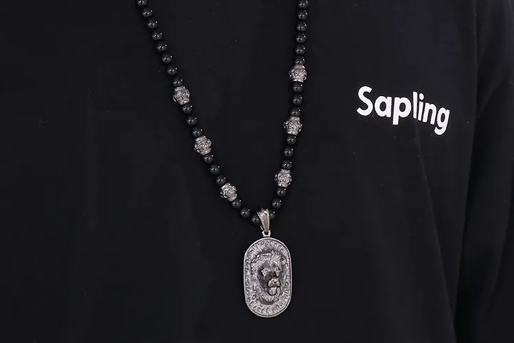 European and American Style Jewelry, Stainless Steel Exaggerated Lion Head Pendant, Ethnic Style Buddhist Beads, Beaded Necklace Long Necklace