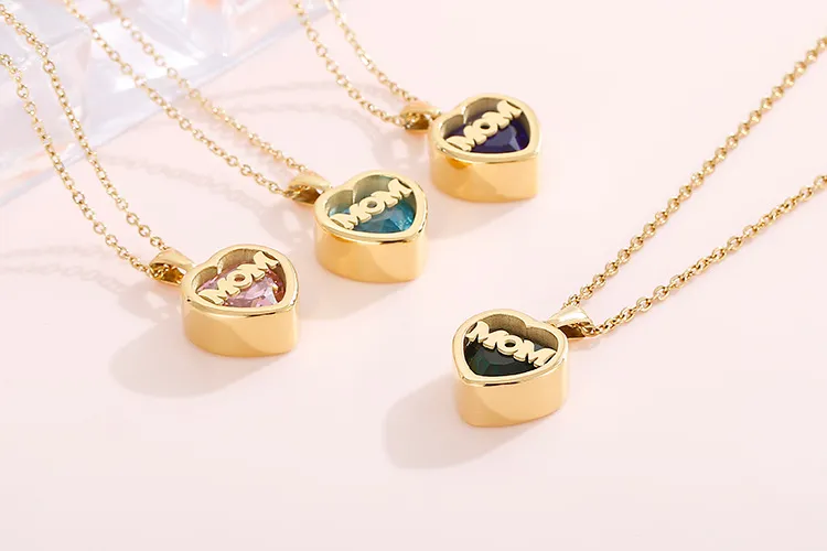 Birthstone Month Mom Heart-Shaped Polished Stainless Steel Pendant Necklace Mother's Day Gift