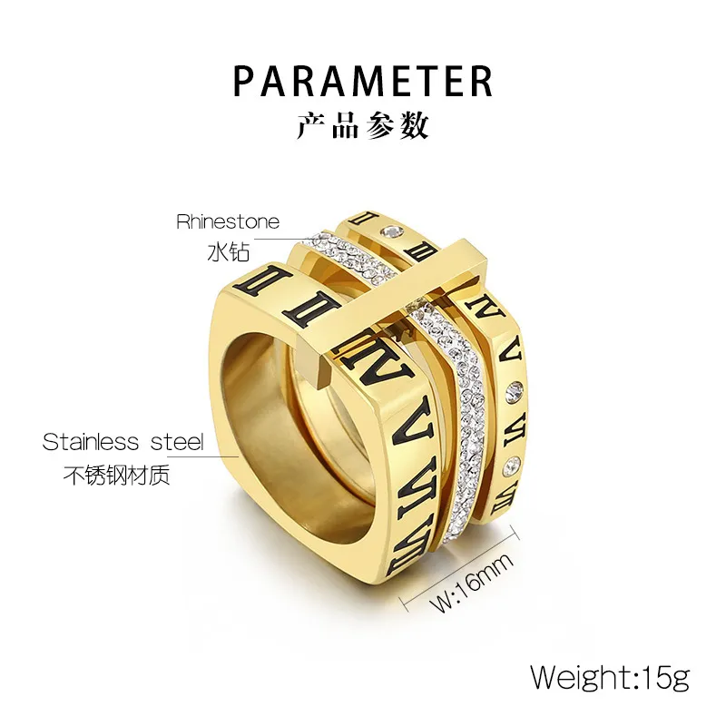Personality Multi-Ring Square Ring Fashion Diamond-Embedded Roman Numeral Stainless Steel Ring Wholesale