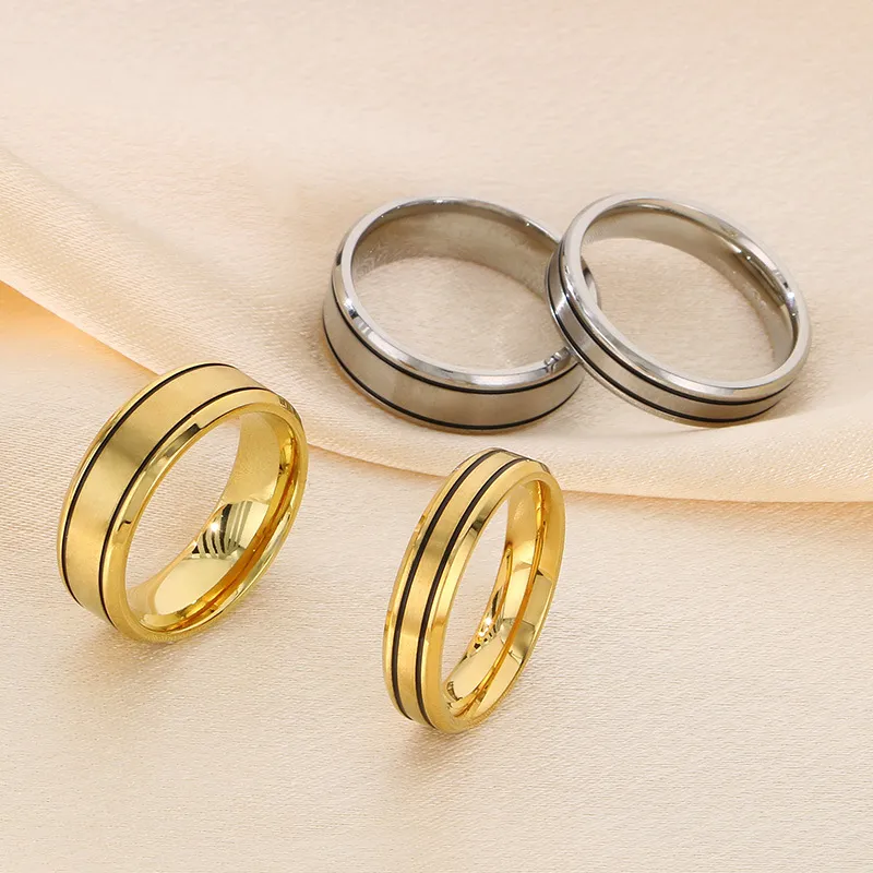 Trendy 18K Gold-Plated Frosted Stainless Steel Couple Rings for Valentine's Day Gifts